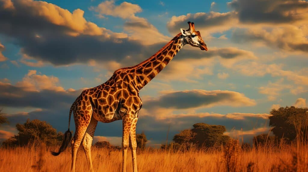 Giraffe in savanna at sunset